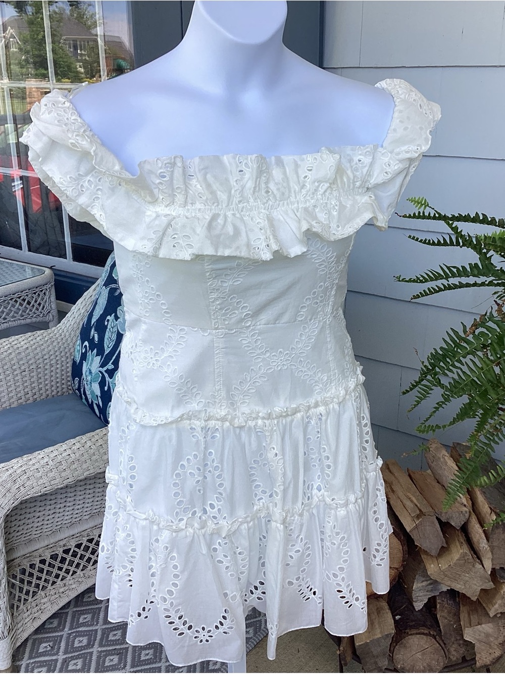 Zara White Eyelet Ruffle Off Shoulder Tiered Mini Dress NWOT size M